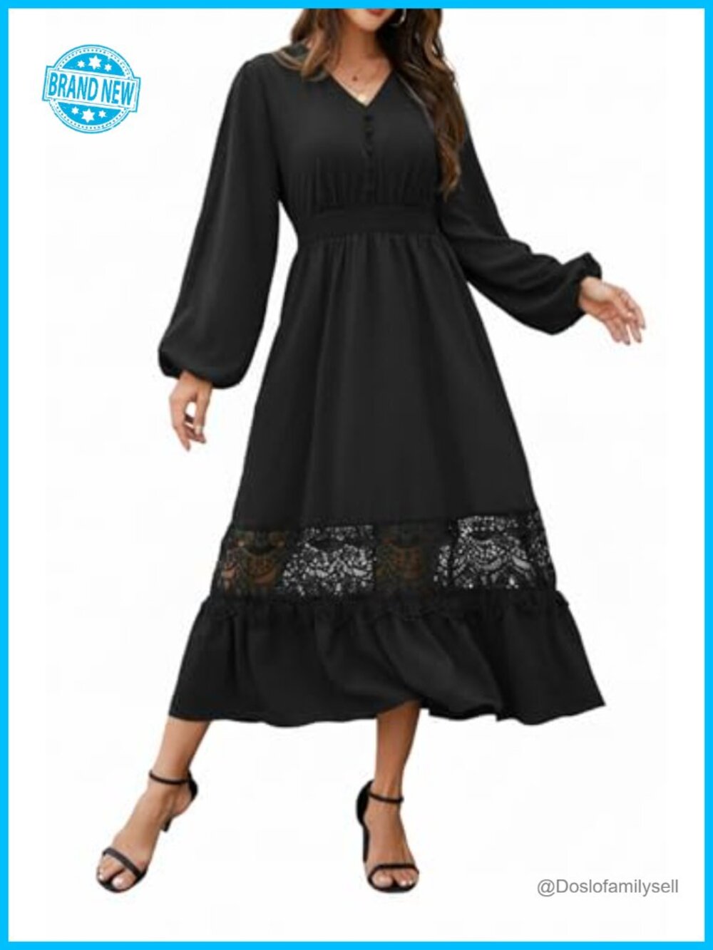 Long Sleeve Boho Maxi Dress Smocked V-Neck Lace Wedding Guest Fall